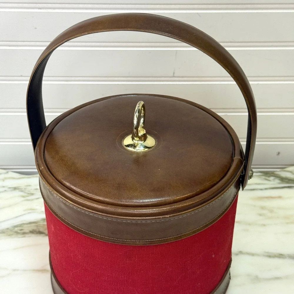 Vintage Ice Bucket Red Fabric Brown Vinyl Mid Century Barware 70s